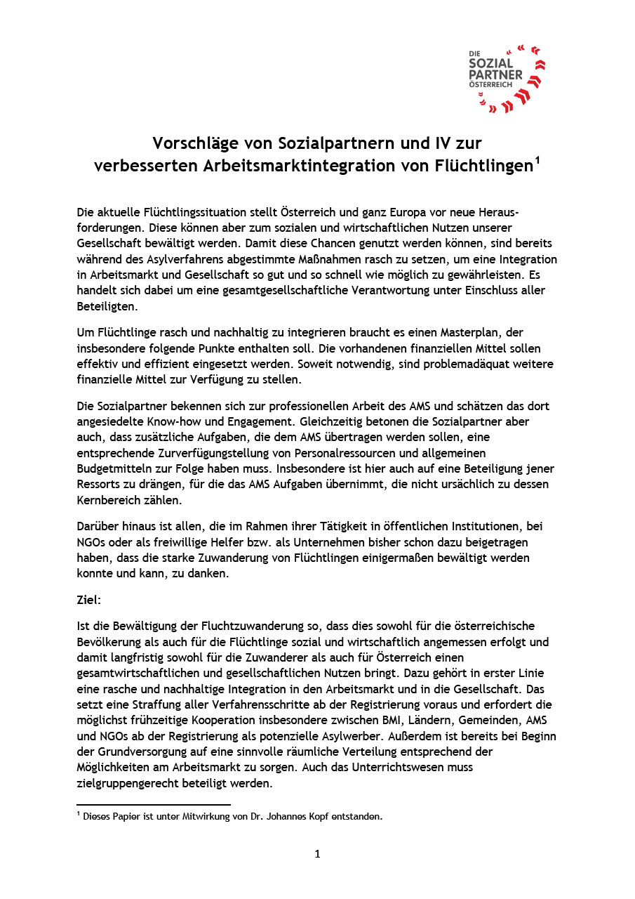 Vorschläge von Sozialpartnern und IV zur verbesserten Arbeitsmarktintegration von Flüchtlingen